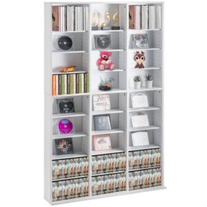 Szafka na nośniki VEVOR, 9-poziomowa półka na płyty DVD, do 756 płyt CD, regulowane półki na płyty CD z 27 przegródkami, chroni i porządkuje kolekcję muzyki, filmów, gier wideo lub pamiątek, biała