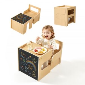 Zestaw mebli dziecięcych VEVOR Montessori, stół i krzesła, drewniane meble dziecięce, podnóżek z tablicą i schowkiem, idealny dla dzieci w wieku 1-5 lat do jedzenia, rysowania, czytania i zabawy