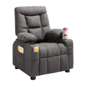 Sofa dziecięca VEVOR z uchwytami na kubki i kieszeniami bocznymi, fotel dziecięcy z regulowanym oparciem w zakresie 107°–126° i oddychającym pokrowcem z poliestru, sofa rozkładana z podnóżkiem, odpowiednia dla dzieci (szara)