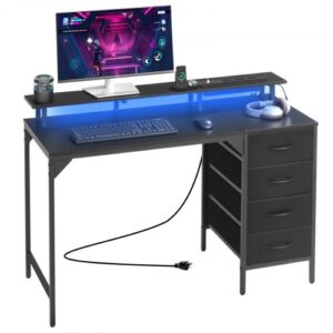 Biurko komputerowe VEVOR, biurko z inteligentnymi światłami LED i gniazdkami elektrycznymi, stół roboczy z 4 dużymi szufladami i podstawą pod monitor, gabinet, salon, biuro domowe, kolor czarny