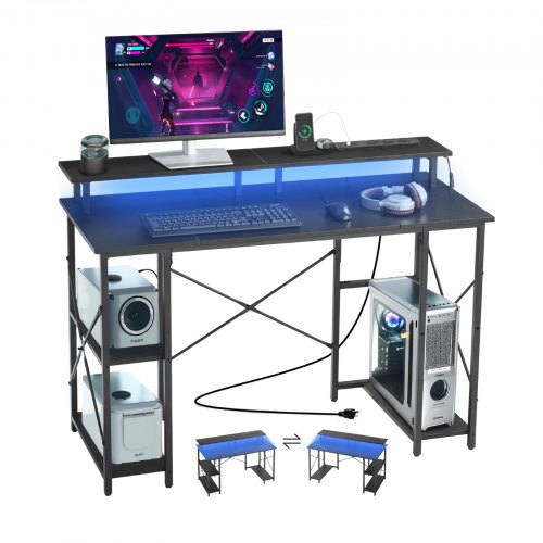 Biurko komputerowe VEVOR, biurko z inteligentnymi diodami LED i gniazdkami elektrycznymi, stół roboczy z podstawą pod monitor i 2-poziomowymi półkami, gabinet, salon, biuro domowe, kolor czarny