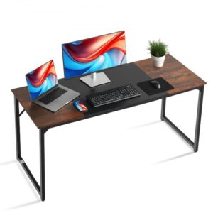 Biurko komputerowe VEVOR (blat 160 x 60 cm), nowoczesny stół roboczy z metalową ramą i udźwigiem 68 kg do użytku domowego, biura, gabinetu, sypialni, salonu, brązowo-czarny