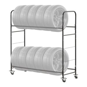 VEVOR Tire Rack Uchwyt na opony z 2 półkami i przyczepą transportową do garażu, stalowy wózek do przechowywania opon z kołami, regulowaną wysokością i osłoną ochronną na maksymalnie 12 standardowych opon