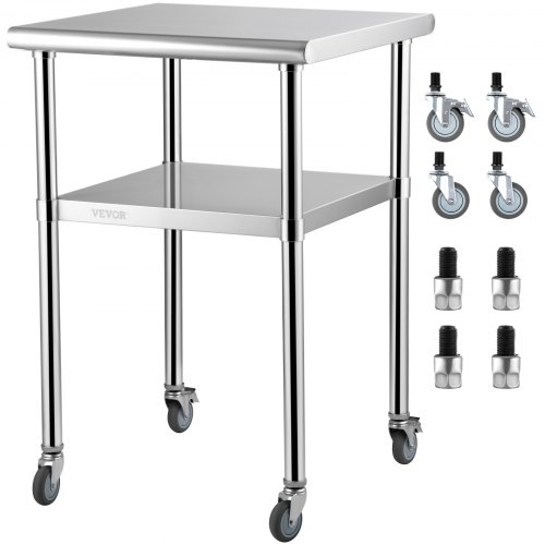 VEVOR Komercyjny stół ze stali nierdzewnej 61 x 61 x 91,4 cm, dwupoziomowy stół roboczy z rolkami, stół do krojenia, stół gastronomiczny, udźwig 181,4 kg + 91 kg, komercyjny stół kuchenny, stół przygotowawczy, meble kuchenne