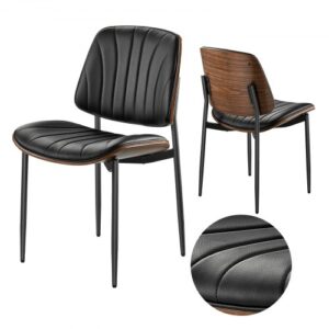 VEVOR Retro krzesło do jadalni (opakowanie 2 szt.) Eleganckie, tapicerowane skórzane krzesło boczne (nośność 350 funtów) do stołów jadalnych, oszczędzające miejsce krzesło do stołu kuchennego z grubymi poduszkami i metalowymi nogami, czarne, kawiarniane