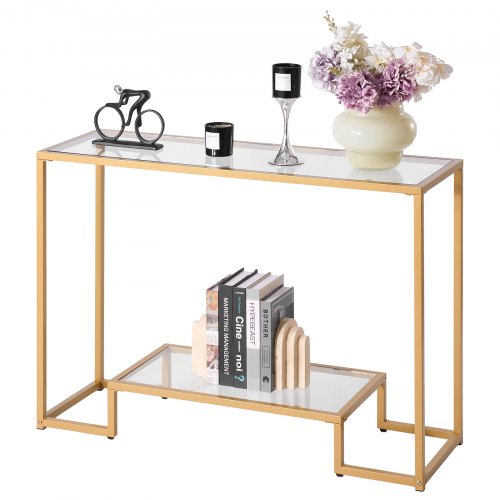 VEVOR 2-poziomowy stolik konsolowy, nowoczesny, prostokątny stolik do przedpokoju (107 x 35,4 x 75,5 cm) z blatem ze szkła hartowanego, stolik boczny do sofy z zabezpieczeniem antypoślizgowym do salonu, przedpokoju, holu