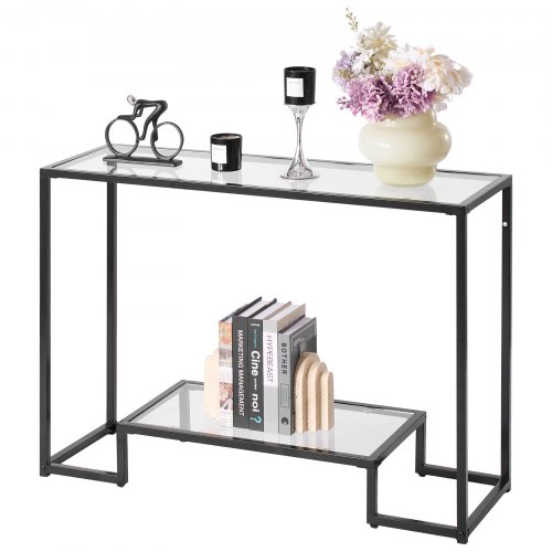 VEVOR 2-poziomowy stolik konsolowy, nowoczesny, prostokątny stolik do przedpokoju (107 x 35,4 x 75,5 cm) z blatem ze szkła hartowanego, stolik boczny do sofy z zabezpieczeniem antypoślizgowym do salonu, przedpokoju, holu