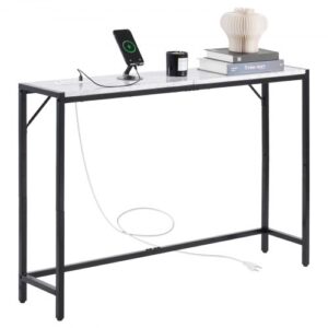 VEVOR Marmurowy stolik konsolowy, nowoczesny długi stolik do przedpokoju (110 cm) z gniazdkiem elektrycznym, cienki stolik boczny do sofy z rurami żelaznymi, zabezpieczenie przed przewróceniem i trójkątny wspornik do przedpokoju w salonie