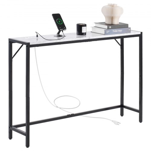 VEVOR Marmurowy stolik konsolowy, nowoczesny długi stolik do przedpokoju (110 cm) z gniazdkiem elektrycznym, cienki stolik boczny do sofy z rurami żelaznymi, zabezpieczenie przed przewróceniem i trójkątny wspornik do przedpokoju w salonie
