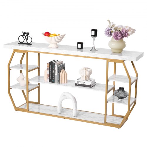 VEVOR Marmurowy stolik konsolowy, nowoczesny stolik do przedpokoju z 3 poziomami (180 x 35 x 91 cm) do przechowywania w otwartej przestrzeni, złoty geometryczny stolik z żelaznymi rurkami, zabezpieczenie przed przewróceniem i trójkątny wspornik