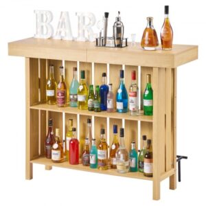 VEVOR 3-poziomowy barek domowy, drewniany blat barowy z podnóżkiem i uchwytem na otwieracz do butelek, nowoczesny blat barowy z dużą ilością miejsca do przechowywania w salonie i piwnicy, nośność do 81,6 kg, 1400 x 398 x 1055 mm