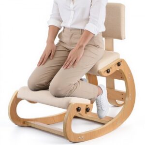 Ergonomiczny fotel klęczący VEVOR z grubymi, zintegrowanymi poduszkami piankowymi oraz drewnianą ramą i oparciem, regulowany taboret klęczący zapewniający ulgę szyi i pleców, idealny do domu i biura, beżowy