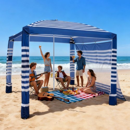 VEVOR Beach Cabana, 2,4 x 2,4 m, zadaszenie plażowe ze ścianką boczną, ochrona przeciwsłoneczna UPF 50+, altana z workami z piaskiem, regulowana wysokość i przenośna osłona przeciwsłoneczna dla rodzin, granatowe paski