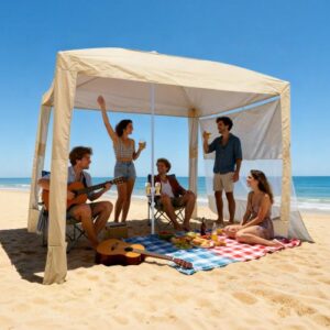 VEVOR Beach Cabana, 2,4 x 2,4 m, zadaszenie plażowe ze ścianą boczną, ochrona przeciwsłoneczna UPF 50+, pawilon plażowy z workami z piaskiem, regulowana wysokość i przenośny parasol przeciwsłoneczny dla rodziny i przyjaciół, kolor khaki