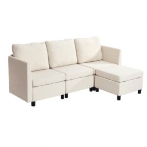 Sofa narożna VEVOR z ukrytym schowkiem, kanapa z pufem i pianką wysokoelastyczną, tapicerowana sofa (3-osobowa) z ramą z litego drewna do salonu i sypialni, beżowa