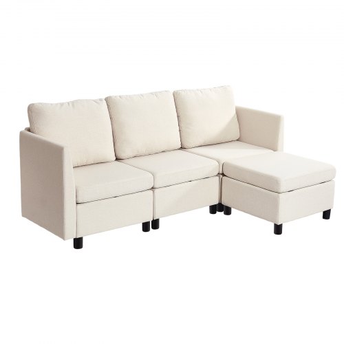 Sofa narożna VEVOR z ukrytym schowkiem, kanapa z pufem i pianką wysokoelastyczną, tapicerowana sofa (3-osobowa) z ramą z litego drewna do salonu i sypialni, beżowa