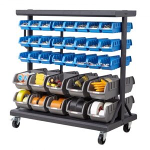 Regał mobilny VEVOR z pojemnikami do układania w stosy, regał mobilny z 5 poziomami i 68 pojemnikami na drobne części w dwóch rozmiarach, 900 x 500 x 950 mm, dwustronny, do warsztatu, garażu, magazynu i biura