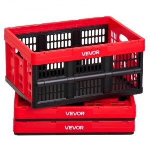 VEVOR Składane pudełka do przechowywania 32 l, 3 sztuki, składane plastikowe pudełka do przechowywania, składane kosze do układania w stosy z uchwytami, nośność 12 kg na pudełko, składana skrzynia, idealne do organizacji gospodarstwa domowego, kolor czerwony i czarny