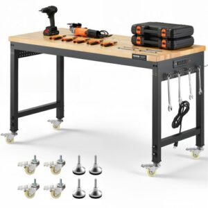 Stół warsztatowy VEVOR 1220x610x711-1003 mm, udźwig 907 kg, stół warsztatowy z gniazdem elektrycznym, kółkami i ścianką perforowaną, solidny stół roboczy z blatem z drewna dębowego do garażu, warsztatu, biura i domu