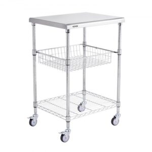 VEVOR Wózek kuchenny ze stali nierdzewnej, 3-poziomowy wózek do serwowania o udźwigu 213,2 kg, wózek laboratoryjny, wózek magazynowy z pogłębionym koszem i 6 haczykami, do użytku wewnątrz i na zewnątrz