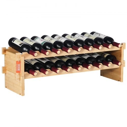 VEVOR Stojak na wino, 18 butelek, solidny stojak na butelki, 2-poziomowy regał do przechowywania wykonany z litego drewna bambusowego, wolnostojący stojak na wino, półki antypoślizgowe do kuchni, baru i piwnicy (kolor naturalny)