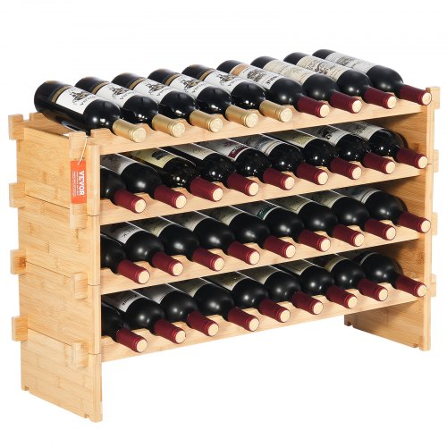 VEVOR Stojak na wino, 36 butelek, solidny stojak na butelki, 4-poziomowy regał do przechowywania wykonany z litego drewna bambusowego, wolnostojący stojak na wino, półki antypoślizgowe do kuchni, baru i piwnicy (kolor naturalny)