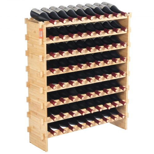 VEVOR Stojak na wino, 72 butelki, solidny stojak na butelki, 8-poziomowy stojak z drewna bambusowego, wolnostojący stojak na wino, półki bez chwiania się, do kuchni, baru, piwnicy (kolor naturalny)