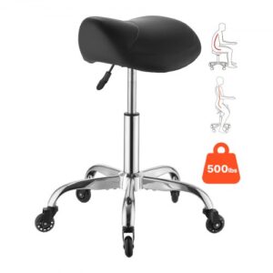 VEVOR Stołek siodłowy 226,8 kg, regulowany na wysokość, ergonomiczne siedzisko ze skóry PU, ciche kółka, obrotowy 360°, idealny do salonów, spa, barów, domów i gabinetów lekarskich, czarny
