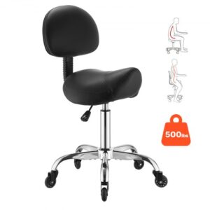 VEVOR Hoker siodłowy 226,8 kg, regulowany na wysokość, hoker biurowy z oparciem, ciche kółka, ergonomiczne siedzisko ze skóry PU, obrotowy 360°, idealny do salonu, spa, baru, gabinetu lekarskiego, czarny