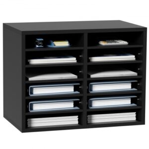 VEVOR Tacka na listy, organizer na biurko, 520 x 305 x 410 mm, 2,3–5,6 cm, regulowana, pozioma, format A4, tacka na papier, organizer do systemu przechowywania dokumentów biurkowych, tacka (czarna, 2 x 6 przegródek)