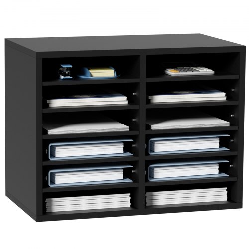 VEVOR Tacka na listy, organizer na biurko, 520 x 305 x 410 mm, 2,3–5,6 cm, regulowana, pozioma, format A4, tacka na papier, organizer do systemu przechowywania dokumentów biurkowych, tacka (czarna, 2 x 6 przegródek)