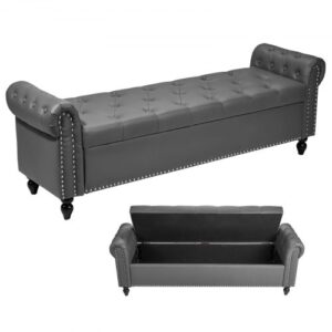 Ławka pufowa VEVOR (460 x 1660 x 560 mm) wykonana ze skóry PU z drewnianymi nogami i miejscem do przechowywania, przeszyciami na guziki i zwijanymi podłokietnikami, ławka na buty o nośności 300 kg, ławka do łóżka, ławka do sypialni, szara