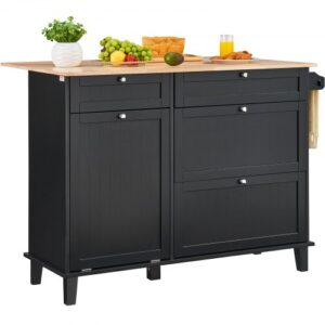 Wózek kuchenny VEVOR, barek śniadaniowy 128 cm z drewnianym blatem i składaną szafką na śmieci, pojemność 10 galonów, stół do jadalni/salonu w stylu rustykalnym ze składanym blatem, wieszak na ręczniki, szuflada, czarny
