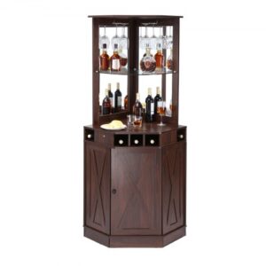 VEVOR Industrialna narożna szafka barowa, stolik na wino, alkohole i kieliszki, kredens bufetowy z uchwytem na kieliszki, wolnostojąca drewniana szafka barowa do salonu, barek domowy, drewno orzechowe