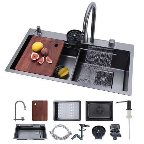 Zlewozmywak do zabudowy VEVOR 850 x 460 x 236 mm, z wbudowanym stopniem, kranem typu wodospad i deską do krojenia, pojedyncza komora, odpowiedni do kamperów, kuchni przygotowawczych, pralni i barów