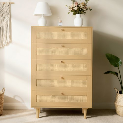 Komoda rattanowa VEVOR z 5 szufladami, metalowymi uchwytami i drewnianymi nogami, nowoczesna szafka rattanowa do sypialni, salonu, przedpokoju (70,2 x 40 x 106,5 cm)