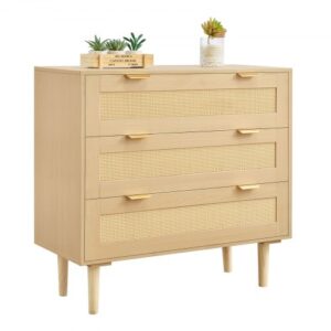 Komoda rattanowa VEVOR z 3 szufladami, metalowymi uchwytami i drewnianymi nogami, nowoczesna szafka rattanowa do sypialni, salonu, przedpokoju (80 x 35 x 77 cm) Garderoba, szafka z szufladami