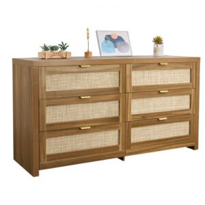 Komoda rattanowa VEVOR z 6 szufladami i metalowym uchwytem, ​​nowoczesna szafka rattanowa do sypialni, salonu i przedpokoju (144,5 x 45 x 79,5 cm), szafka z szufladami, orzech