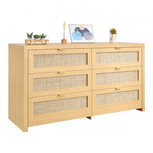 Komoda rattanowa VEVOR z 6 szufladami i metalowymi uchwytami, nowoczesna szafka rattanowa do sypialni, salonu i przedpokoju (144,5 x 45 x 79,5 cm)