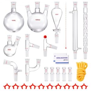 Zestaw do destylacji laboratoryjnej VEVOR, zestaw do destylacji w szkle laboratoryjnym borowym 3,3 z 24 i 40 złączami, zestaw aparatów do destylacji 1000 ml do olejków eterycznych, 29-częściowy zestaw naczyń szklanych