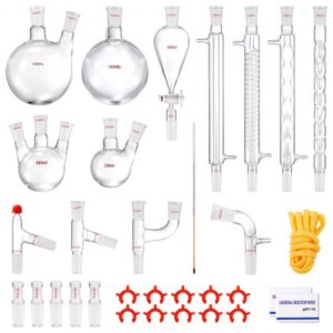 Zestaw do destylacji laboratoryjnej VEVOR, zestaw do destylacji w szkle laboratoryjnym borowym 3,3 z 24 i 40 złączami, zestaw aparatów do destylacji 1000 ml do olejków eterycznych, 32-częściowy zestaw naczyń szklanych