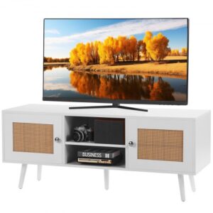 VEVOR Stojak pod telewizor z rattanu, szafka pod telewizor w stylu boho, szafka pod telewizor 140 cm, retro stojak pod telewizor, konsola pod telewizor z rattanu z regulowanymi półkami i 2 drzwiami, do salonu, pokoju multimedialnego, biały