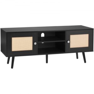 VEVOR Stojak pod telewizor z rattanu, szafka pod telewizor w stylu boho, szafka pod telewizor 140 cm, retro stojak pod telewizor, konsola pod telewizor z rattanu z regulowanymi półkami i 2 drzwiami, do salonu, pokoju multimedialnego, czarny