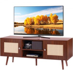 VEVOR Stojak pod telewizor z rattanu, szafka pod telewizor w stylu boho, szafka pod telewizor 140 cm, retro stojak pod telewizor, konsola pod telewizor z rattanu z regulowanymi półkami i 2 drzwiami, do salonu, pokoju multimedialnego, orzech