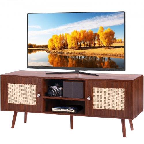 VEVOR Stojak pod telewizor z rattanu, szafka pod telewizor w stylu boho, szafka pod telewizor 140 cm, retro stojak pod telewizor, konsola pod telewizor z rattanu z regulowanymi półkami i 2 drzwiami, do salonu, pokoju multimedialnego, orzech