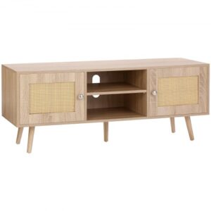 VEVOR Stojak pod telewizor z rattanu, szafka pod telewizor w stylu boho, szafka pod telewizor 140 cm, retro stojak pod telewizor, konsola pod telewizor z rattanu z regulowanymi półkami i 2 drzwiami, do salonu, pokoju multimedialnego, dąb