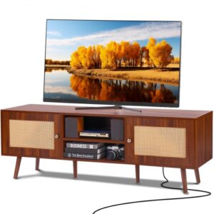 Stojak pod telewizor VEVOR z rattanu, nowoczesna szafka pod telewizor 165 cm, szafka pod telewizor w stylu boho z rattanu z wbudowanym gniazdkiem elektrycznym i portami USB, regulowane półki do salonu, pokoju multimedialnego, orzech