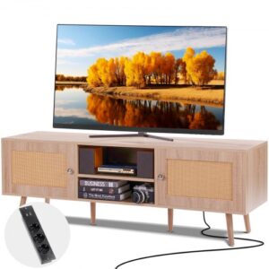 Stojak pod telewizor VEVOR z rattanu, szafka pod telewizor w stylu retro do telewizora 165 cm, szafka pod telewizor w stylu boho z rattanu z wbudowanym gniazdkiem elektrycznym i portami USB, regulowane półki do salonu, pokoju multimedialnego, dąb