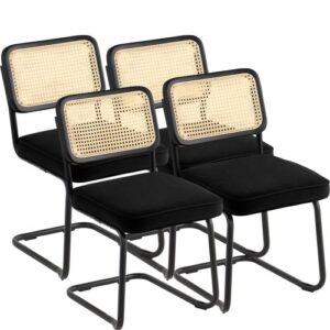 Krzesła do jadalni z rattanu VEVOR, zestaw 4 szt., krzesła do jadalni w stylu Mid-Century Modern, tapicerowane krzesło akcentowe z aksamitu z oparciem z rattanu, krzesło do jadalni i kuchni w stylu retro do salonu, sypialni, czytelni, biura, czarne