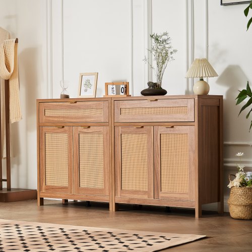 VEVOR Szafka rattanowa Komoda rattanowa 2-częściowa Szafka do przechowywania z 4 magnetycznymi drzwiami i 2 szufladami, kredens bufetowy z regulowanymi półkami, idealna do przedpokoju lub salonu